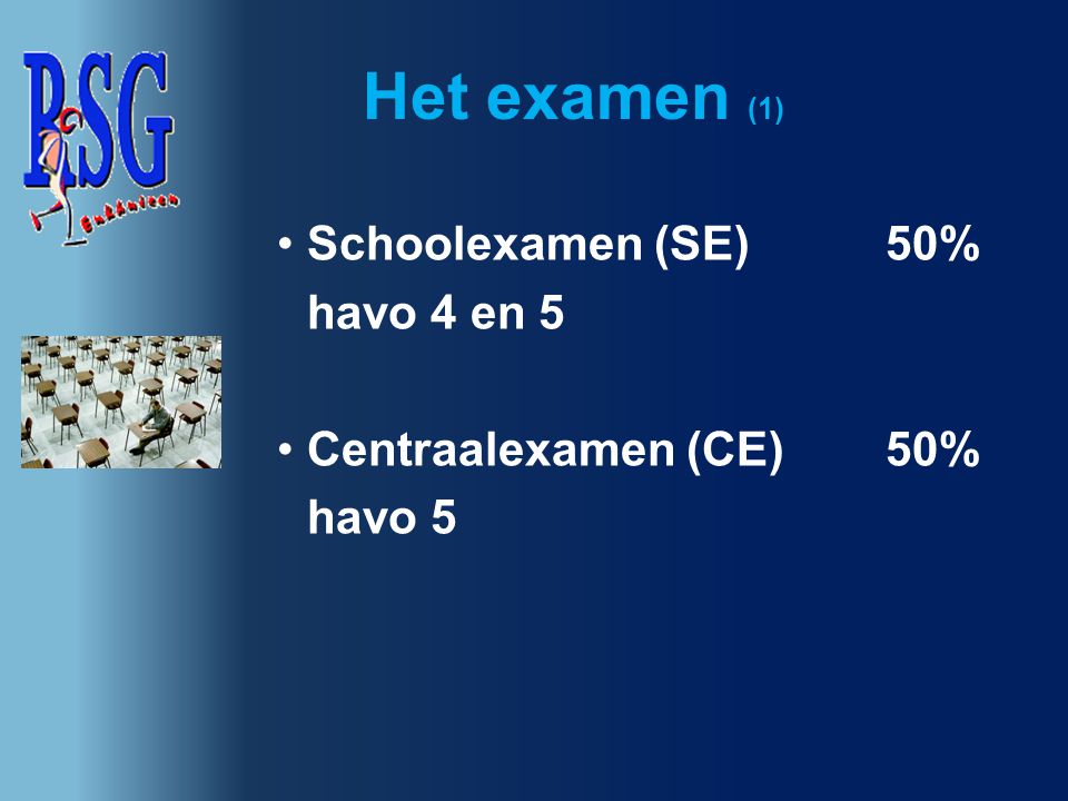 Het examen (1) Schoolexamen (SE) 50% havo 4 en 5