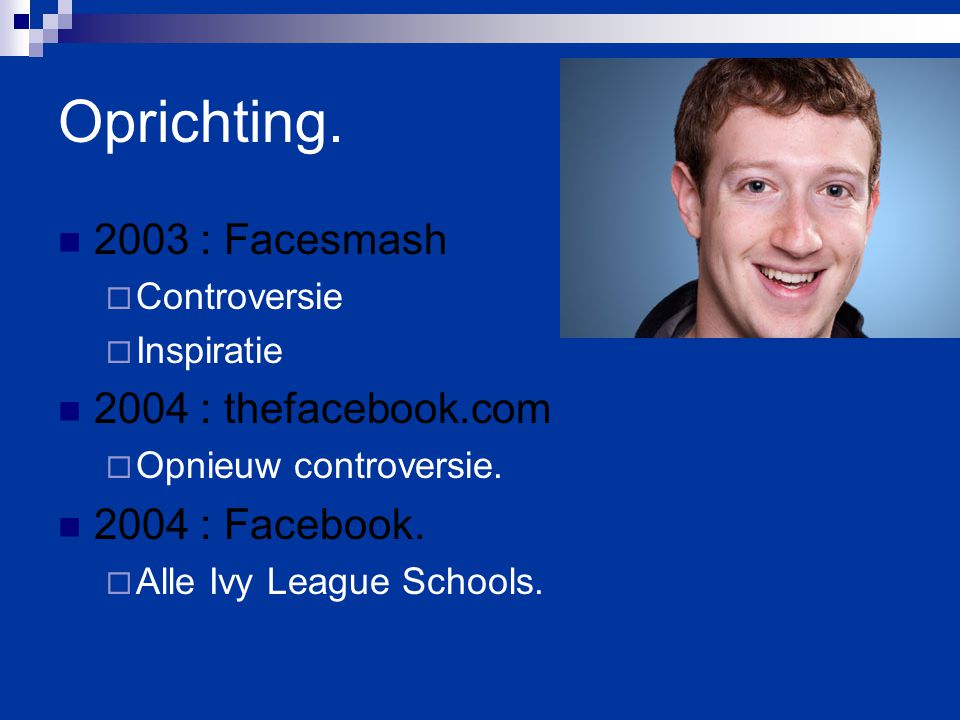 Oprichting : Facesmash 2004 : thefacebook.com 2004 : Facebook.