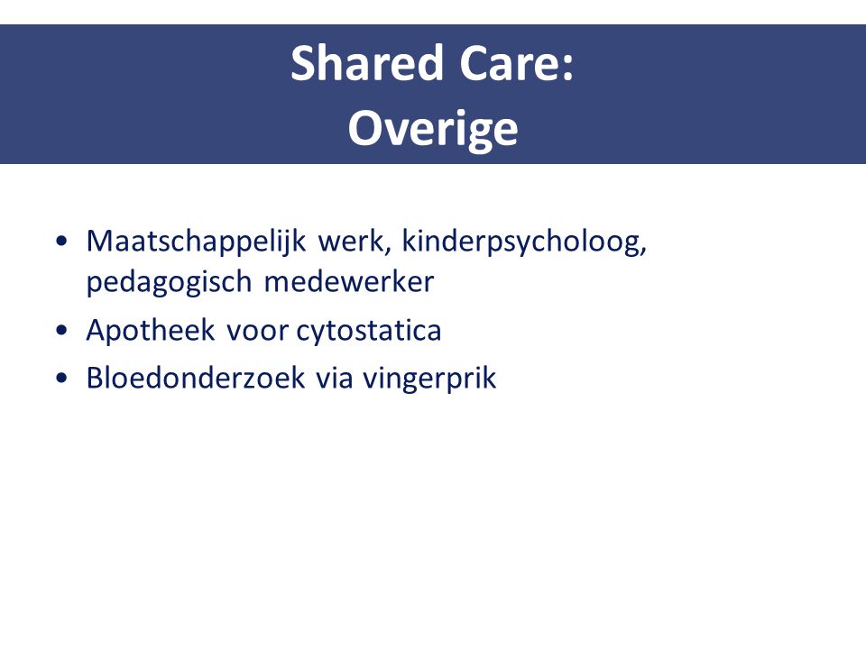 Shared Care: Overige. Maatschappelijk werk, kinderpsycholoog, pedagogisch medewerker. Apotheek voor cytostatica.