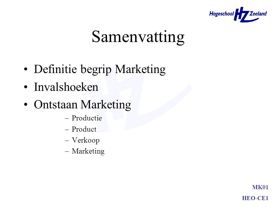 Samenvatting Definitie begrip Marketing Invalshoeken