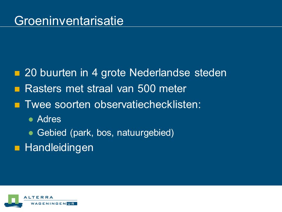 Groeninventarisatie 20 buurten in 4 grote Nederlandse steden