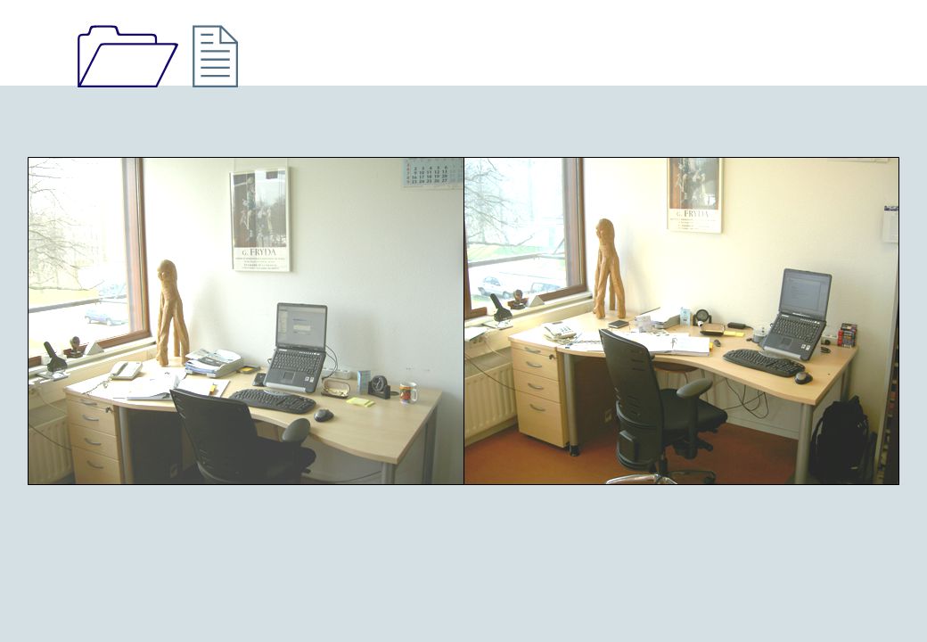Vlindervorm bureau: Linker foto: PC in het midden, restplekken op je bureau onlogisch. Wat je ook doet zonder PC hij staat altijd in de weg.