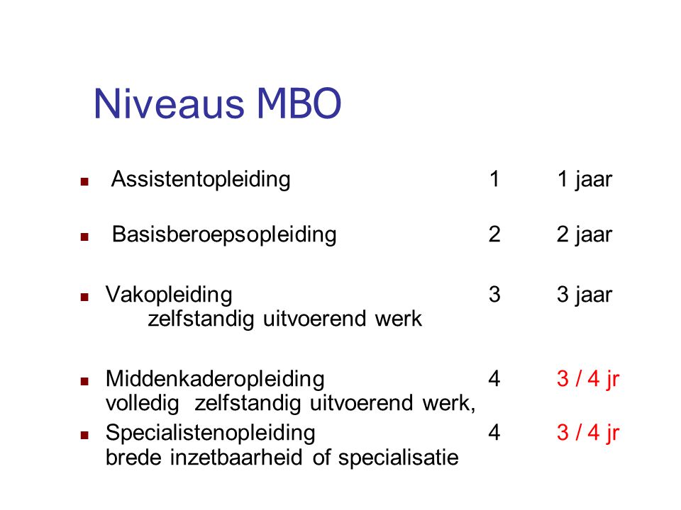 Niveaus MBO Assistentopleiding 1 1 jaar Basisberoepsopleiding 2 2 jaar