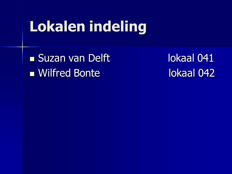 Lokalen indeling Suzan van Delft lokaal 041 Wilfred Bonte lokaal 042