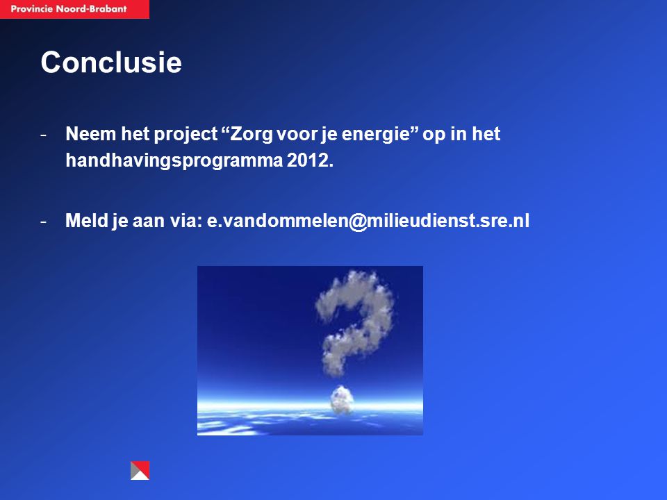Conclusie Neem het project Zorg voor je energie op in het handhavingsprogramma 2012.