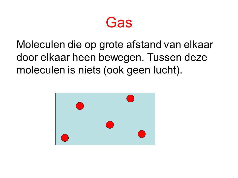 Gas Moleculen die op grote afstand van elkaar door elkaar heen bewegen.