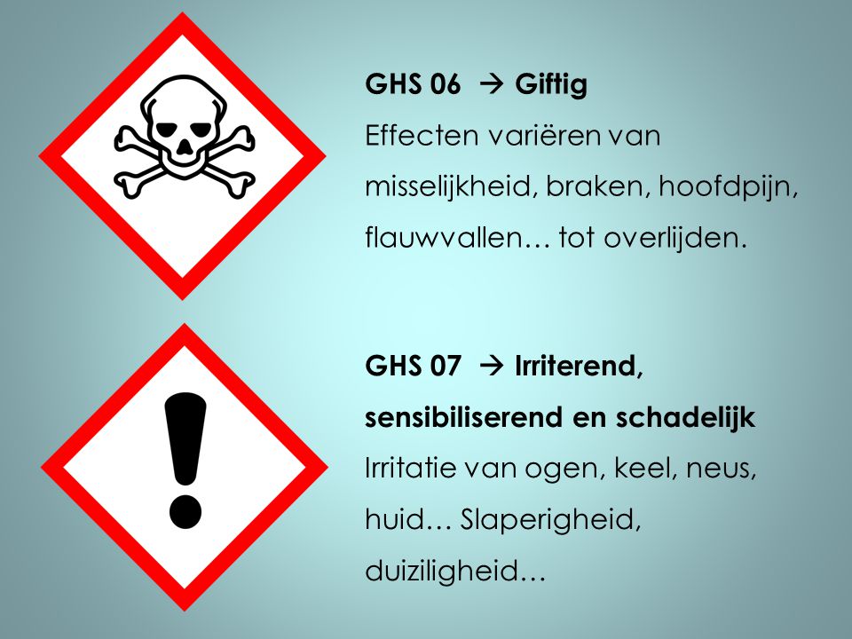 GHS 06  Giftig Effecten variëren van misselijkheid, braken, hoofdpijn, flauwvallen… tot overlijden.