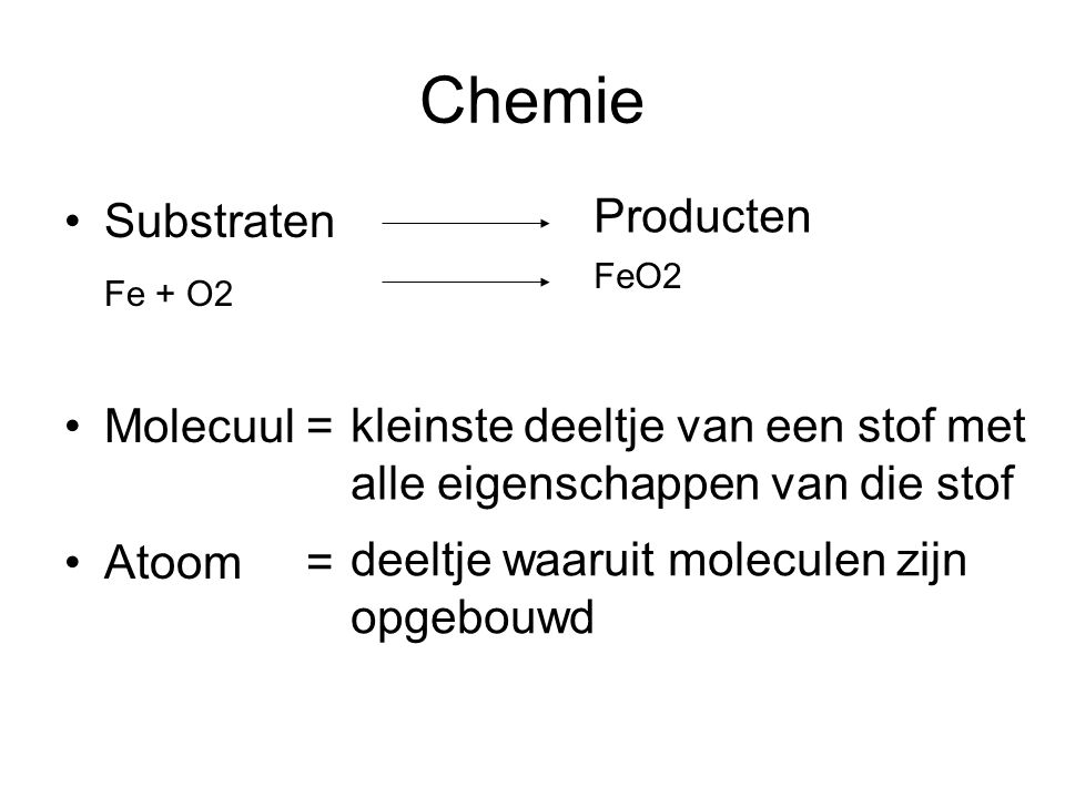 Chemie Producten Substraten Fe + O2 Molecuul = Atoom =