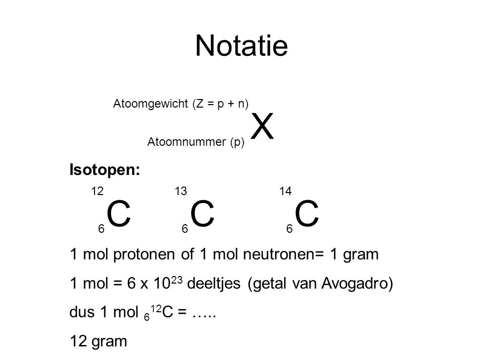 X C C C Notatie Isotopen: 1 mol protonen of 1 mol neutronen= 1 gram