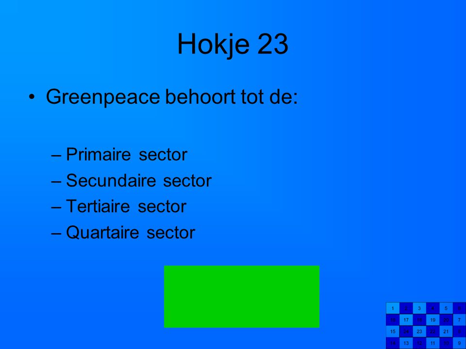 Hokje 23 Greenpeace behoort tot de: Primaire sector Secundaire sector