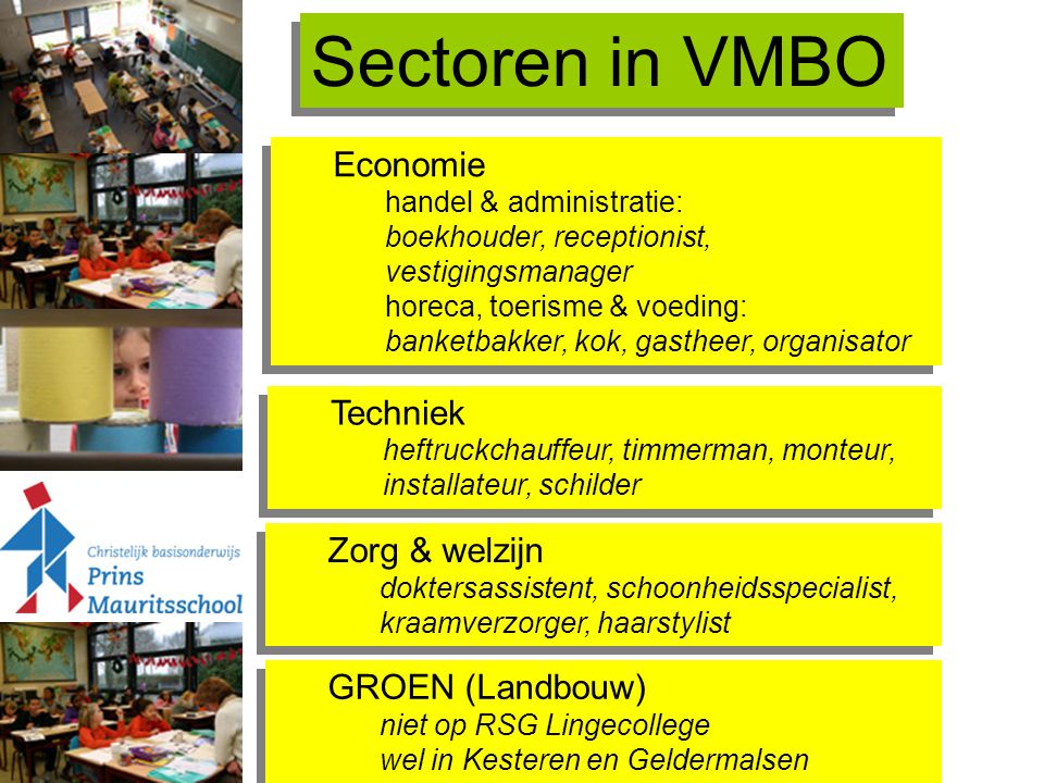Sectoren in VMBO Economie Techniek Zorg & welzijn GROEN (Landbouw)