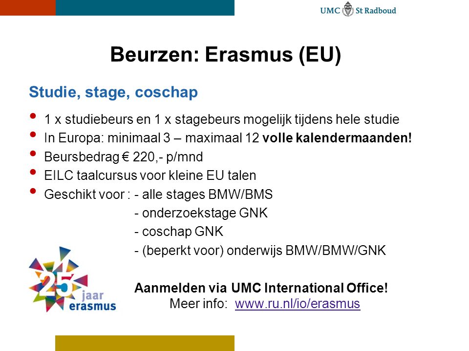 Beurzen: Erasmus (EU) Studie, stage, coschap