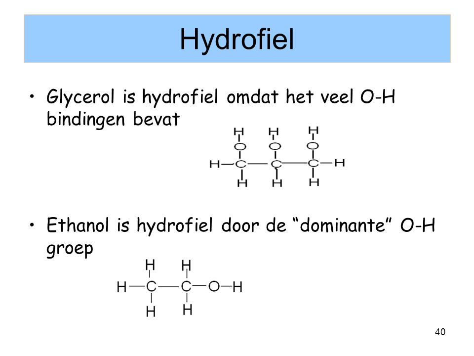 Hydrofiel Glycerol is hydrofiel omdat het veel O-H bindingen bevat