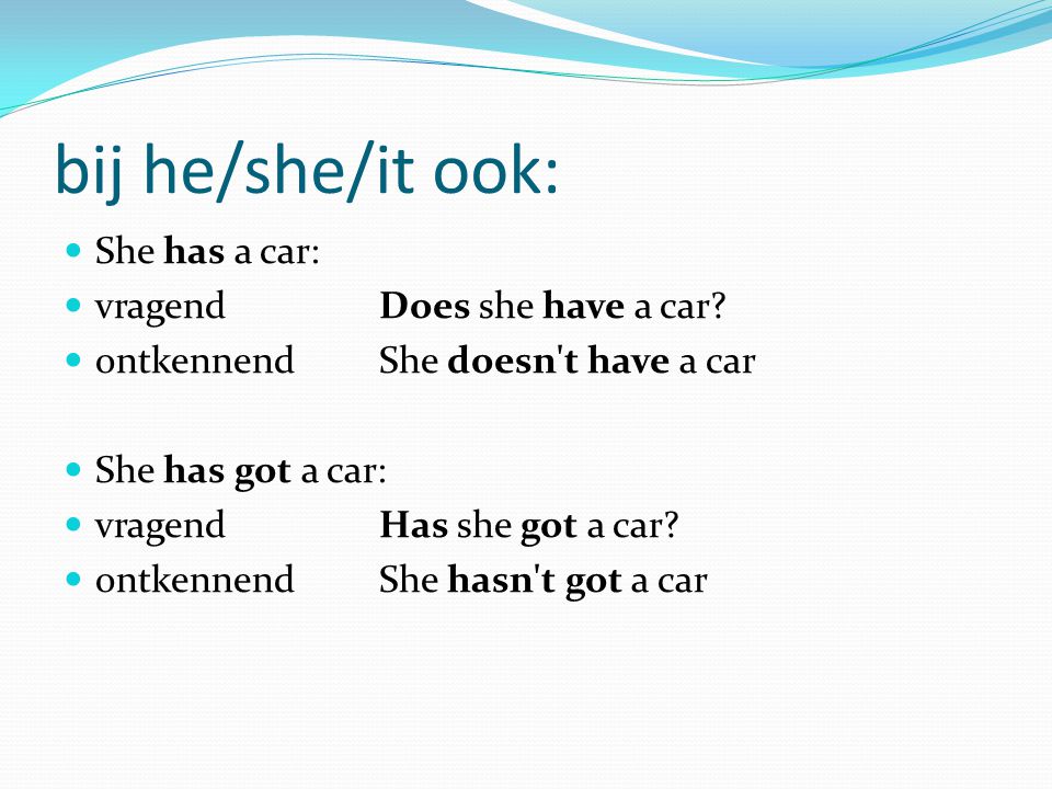 bij he/she/it ook: She has a car: vragend Does she have a car
