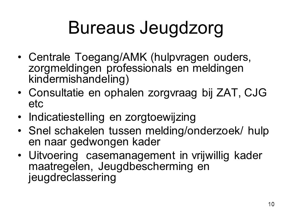 Bureaus Jeugdzorg Centrale Toegang/AMK (hulpvragen ouders, zorgmeldingen professionals en meldingen kindermishandeling)