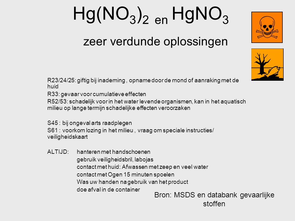 Hg(NO3)2 en HgNO3 zeer verdunde oplossingen