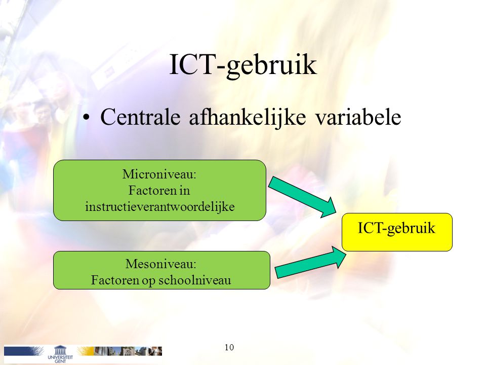 ICT-gebruik Centrale afhankelijke variabele ICT-gebruik Microniveau:
