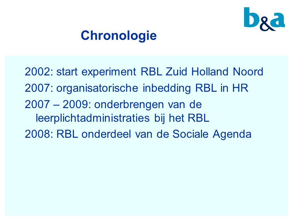 Chronologie 2002: start experiment RBL Zuid Holland Noord