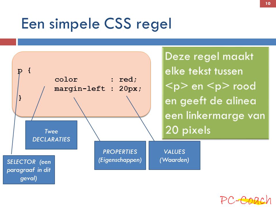 Een simpele CSS regel Deze regel maakt elke tekst tussen <p> en <p> rood en geeft de alinea een linkermarge van 20 pixels.