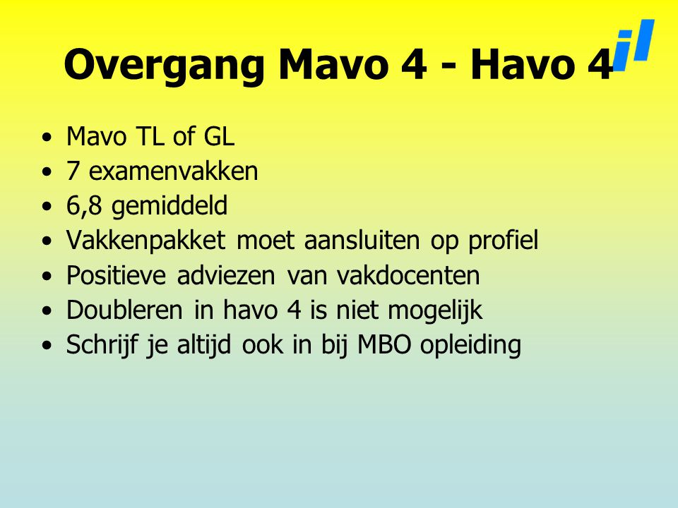 Overgang Mavo 4 - Havo 4 Mavo TL of GL 7 examenvakken 6,8 gemiddeld