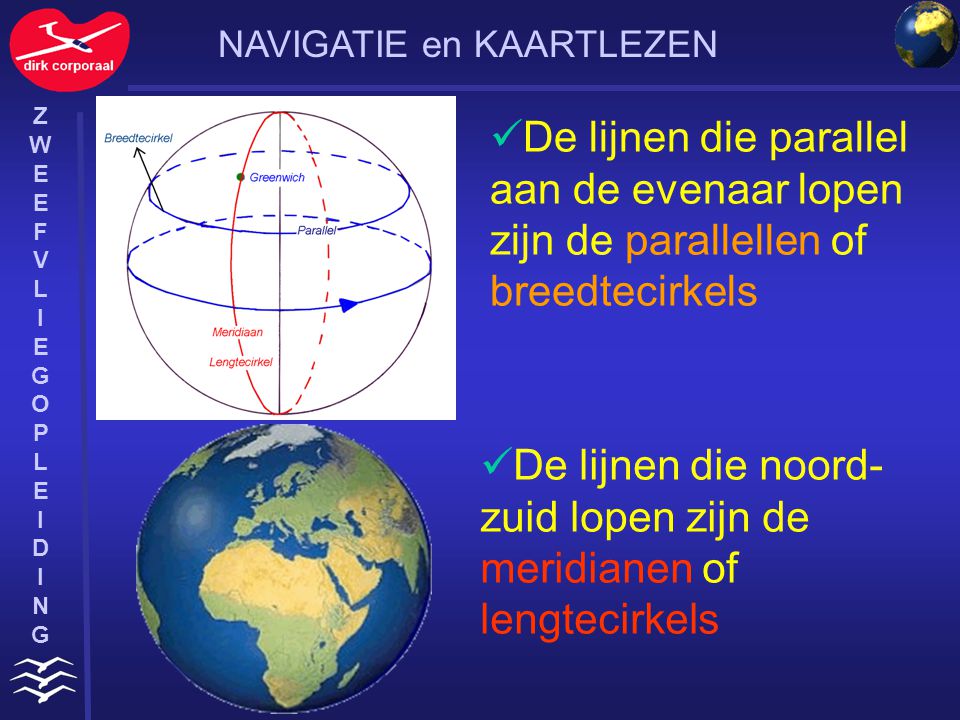 De lijnen die noord-zuid lopen zijn de meridianen of lengtecirkels