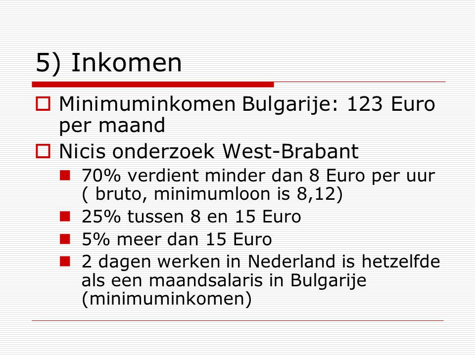 5) Inkomen Minimuminkomen Bulgarije: 123 Euro per maand