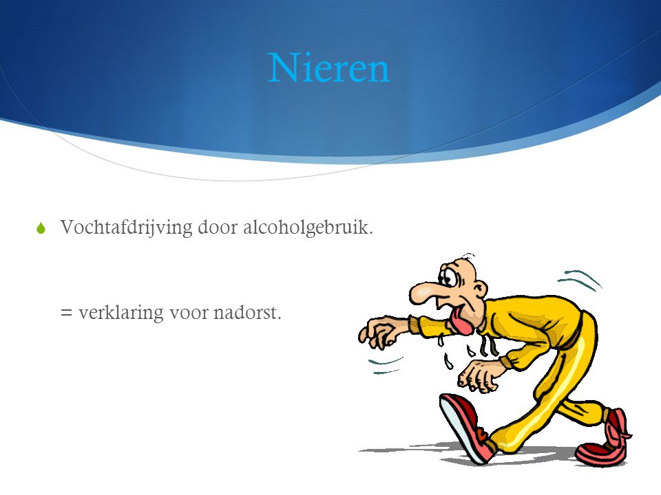 Nieren Vochtafdrijving door alcoholgebruik. = verklaring voor nadorst.