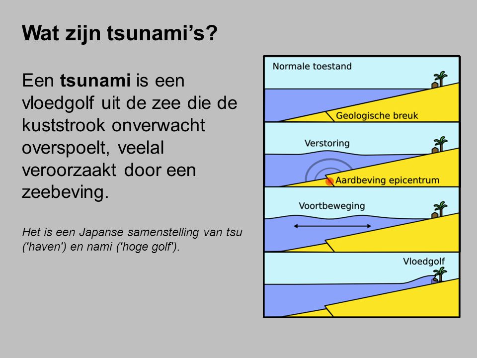 Wat zijn tsunami’s Een tsunami is een vloedgolf uit de zee die de kuststrook onverwacht overspoelt, veelal veroorzaakt door een zeebeving.