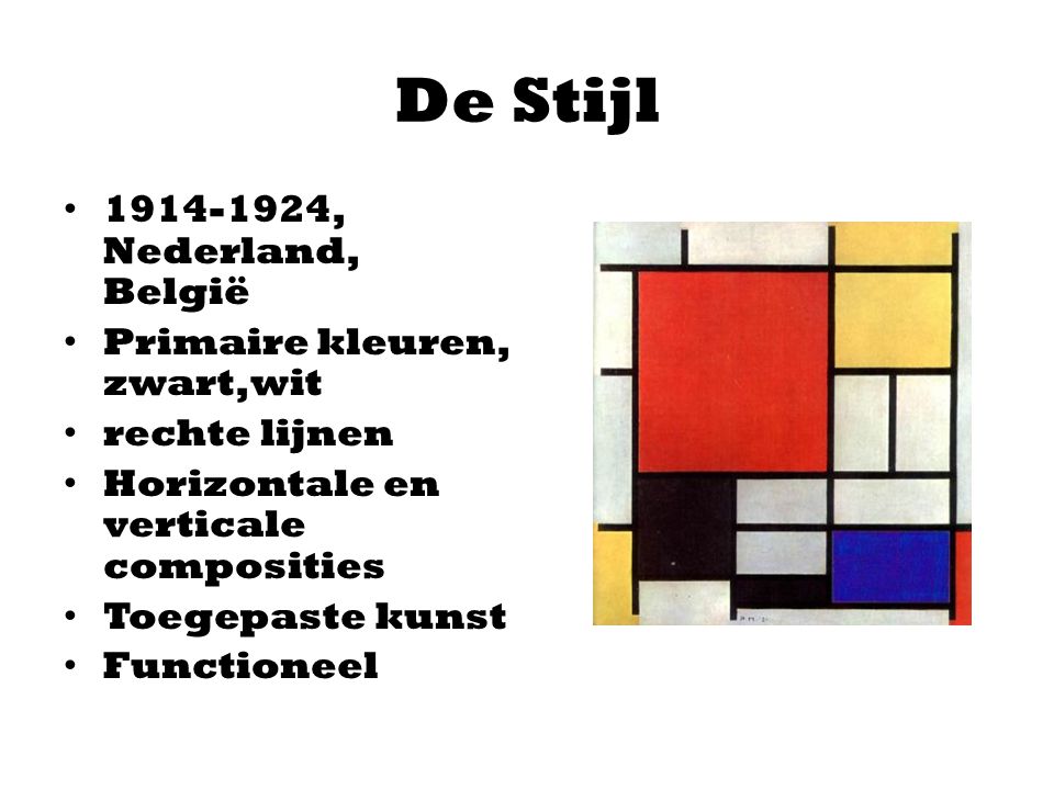 De Stijl , Nederland, België Primaire kleuren, zwart,wit