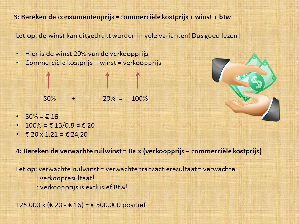 3: Bereken de consumentenprijs = commerciële kostprijs + winst + btw