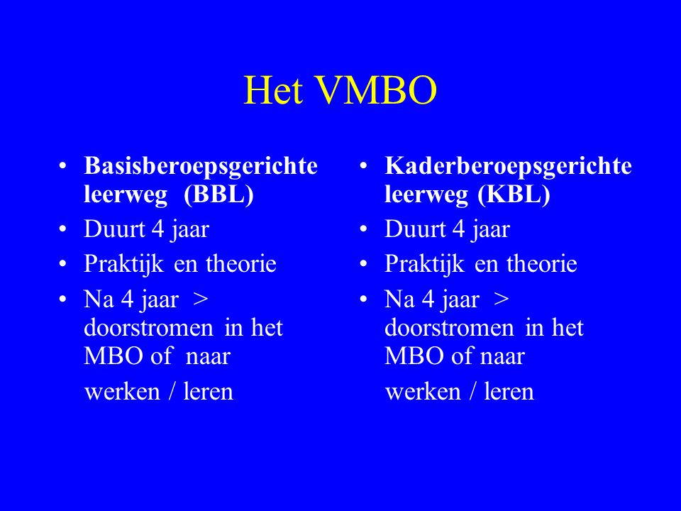 Het VMBO Basisberoepsgerichte leerweg (BBL) Duurt 4 jaar
