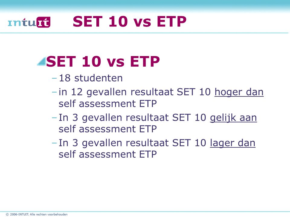 SET 10 vs ETP SET 10 vs ETP 18 studenten