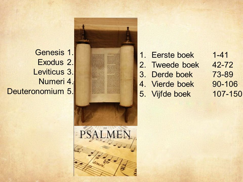 Genesis 1. Eerste boek 1-41 Exodus 2. Tweede boek Leviticus 3.