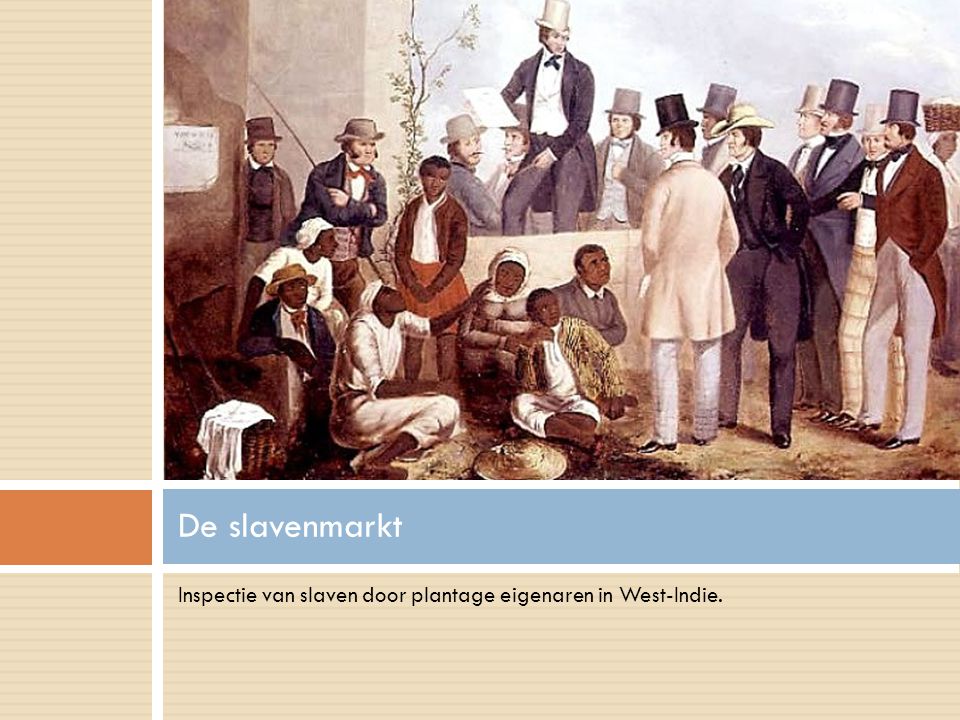 De slavenmarkt Inspectie van slaven door plantage eigenaren in West-Indie.