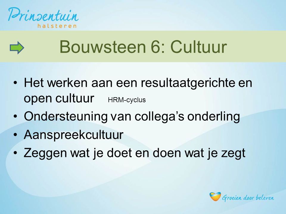 Bouwsteen 6: Cultuur Het werken aan een resultaatgerichte en open cultuur HRM-cyclus. Ondersteuning van collega’s onderling.
