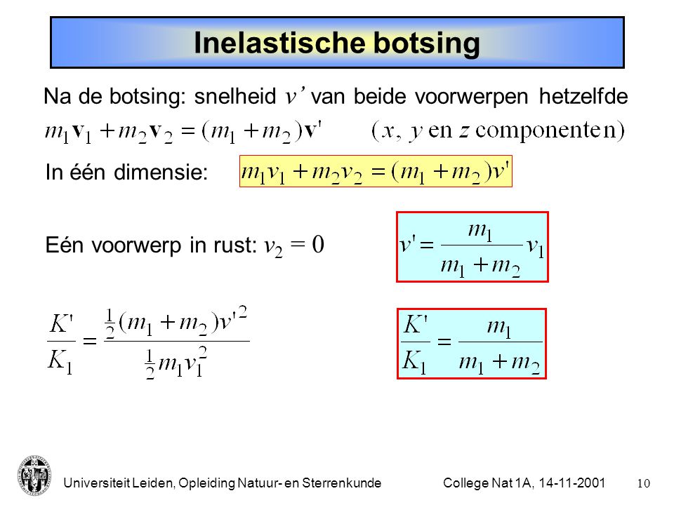 Inelastische botsing Na de botsing: snelheid v’ van beide voorwerpen hetzelfde. In één dimensie: Eén voorwerp in rust: v2 = 0.