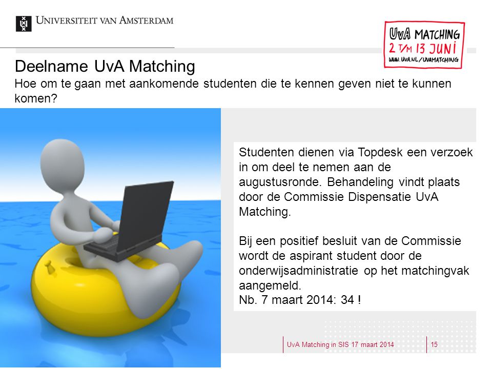 Deelname UvA Matching Hoe om te gaan met aankomende studenten die te kennen geven niet te kunnen komen
