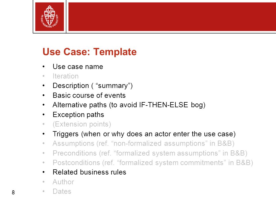 Use Case: Template Use case name Iteration Description ( summary )
