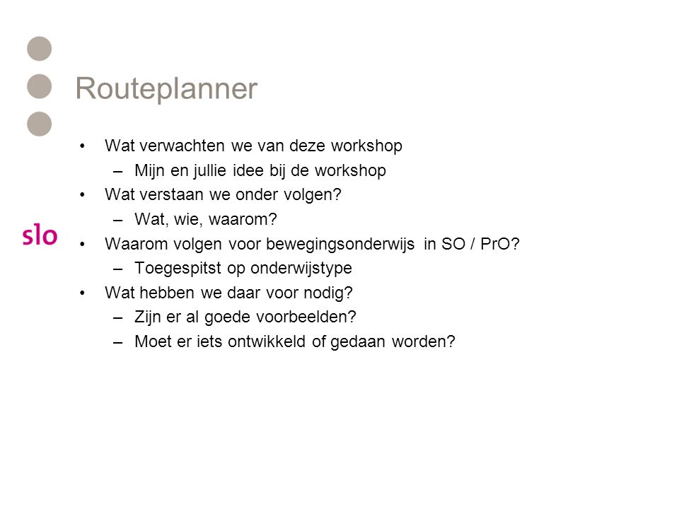Routeplanner Wat verwachten we van deze workshop