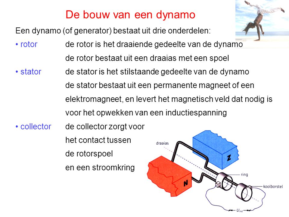 De bouw van een dynamo Een dynamo (of generator) bestaat uit drie onderdelen: • rotor. de rotor is het draaiende gedeelte van de dynamo.