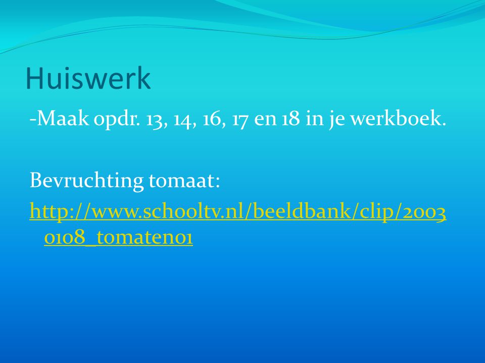 Huiswerk -Maak opdr. 13, 14, 16, 17 en 18 in je werkboek.
