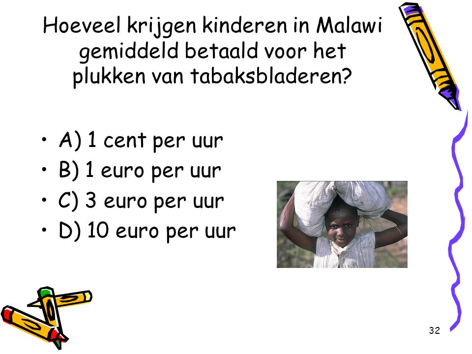 Hoeveel krijgen kinderen in Malawi gemiddeld betaald voor het plukken van tabaksbladeren