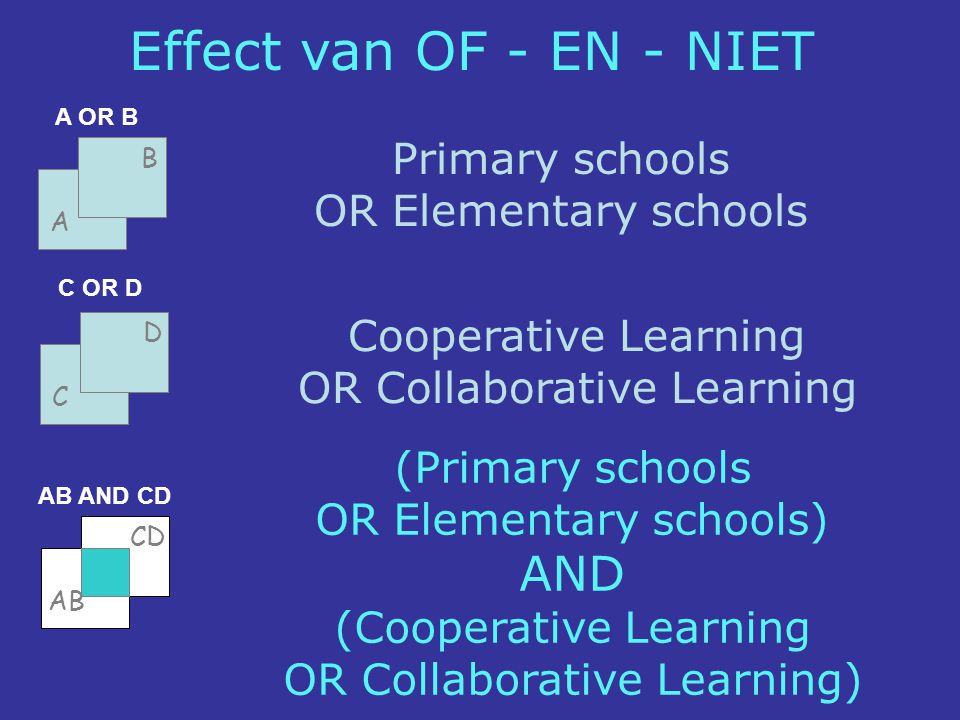 Effect van OF - EN - NIET AND Primary schools OR Elementary schools