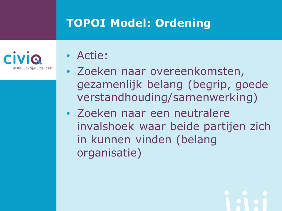 TOPOI Model: Ordening Actie: Zoeken naar overeenkomsten, gezamenlijk belang (begrip, goede verstandhouding/samenwerking)