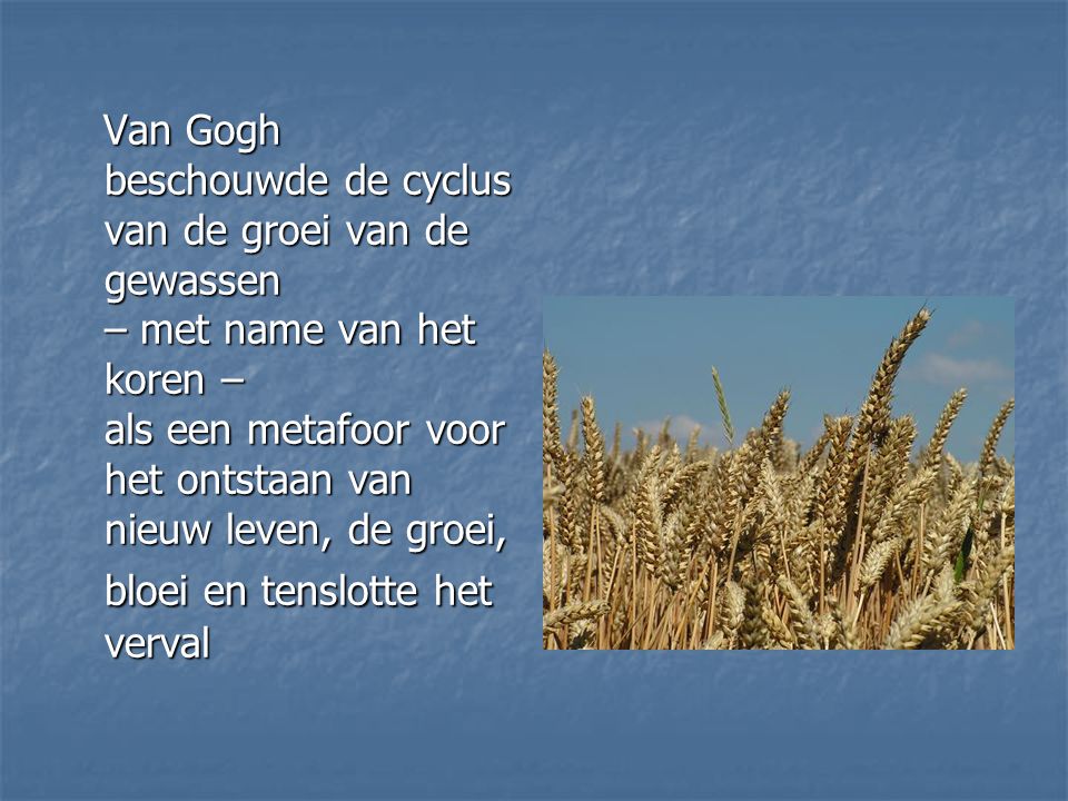 Van Gogh beschouwde de cyclus van de groei van de gewassen – met name van het koren – als een metafoor voor het ontstaan van nieuw leven, de groei, bloei en tenslotte het verval