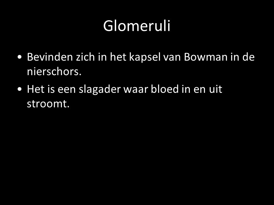 Glomeruli Bevinden zich in het kapsel van Bowman in de nierschors.