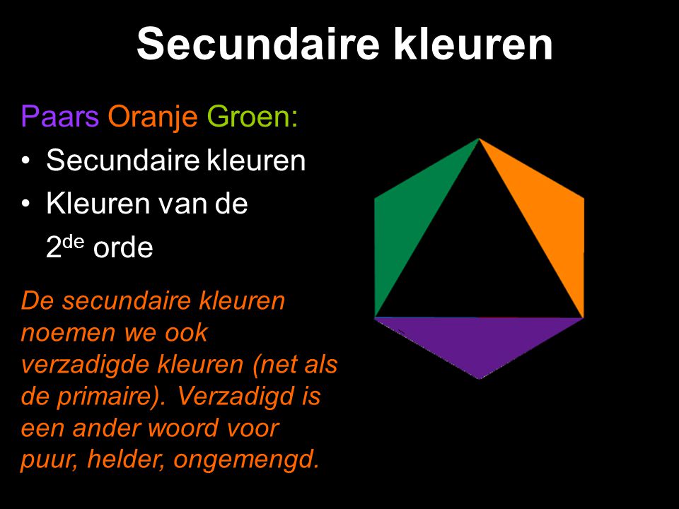 Secundaire kleuren Paars Oranje Groen: Secundaire kleuren