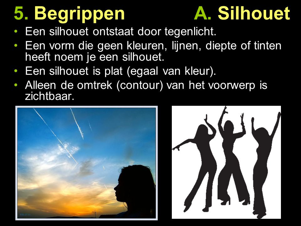 5. Begrippen A. Silhouet Een silhouet ontstaat door tegenlicht.