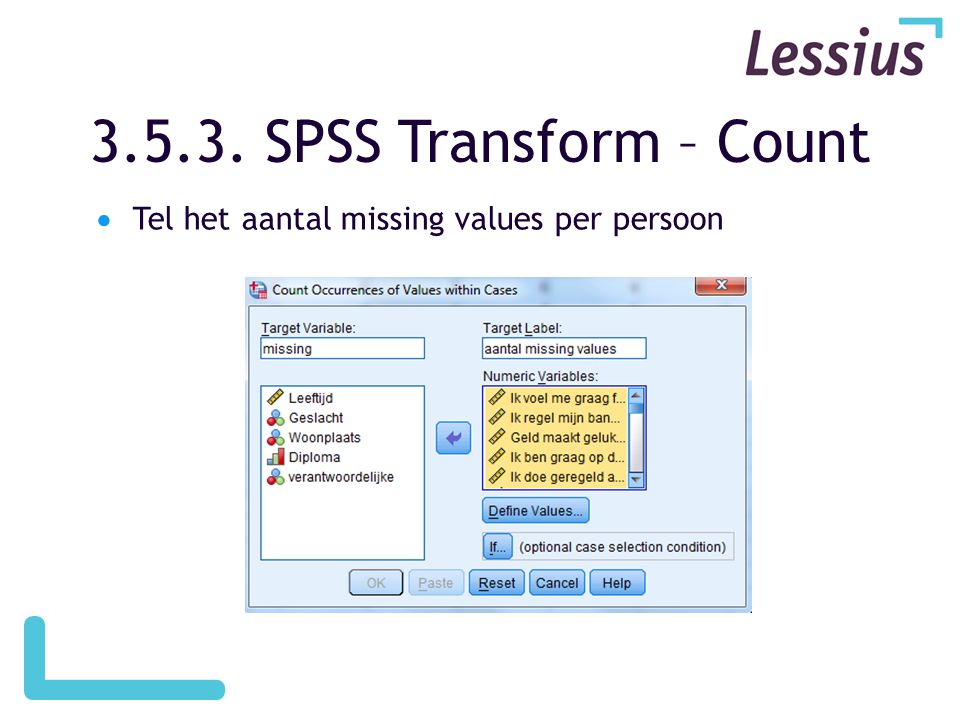 SPSS Transform – Count Tel het aantal missing values per persoon