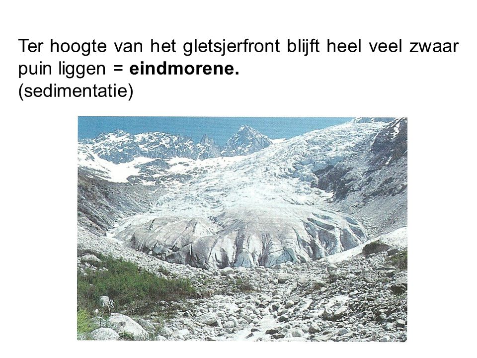 Ter hoogte van het gletsjerfront blijft heel veel zwaar puin liggen = eindmorene.